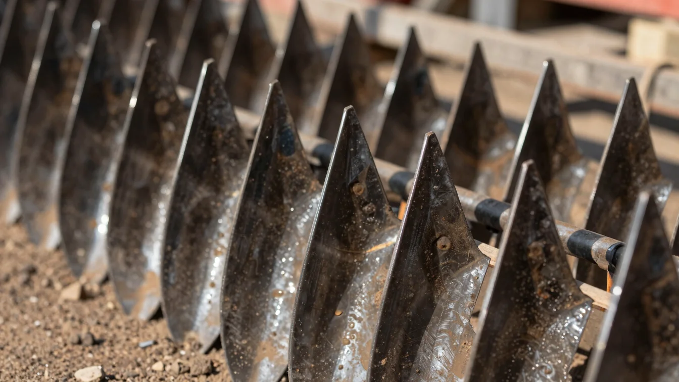 Close-up of forged steel plough blades, sharp and clean, under in