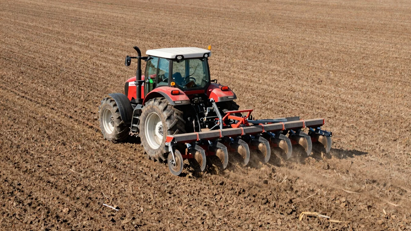 Tractor-hitched seeder in motion across a field, showing seed tub