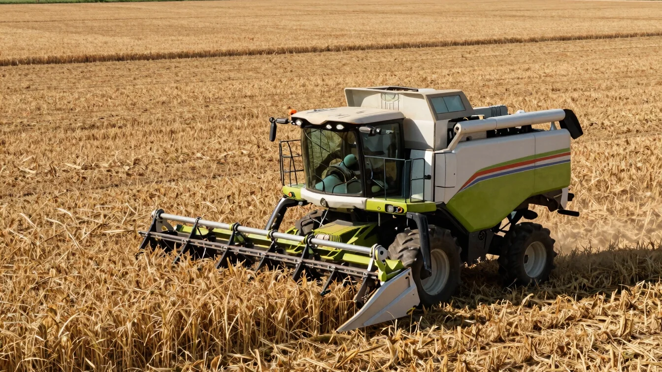 Harvesting machinery working in a field, showing robust mechanica