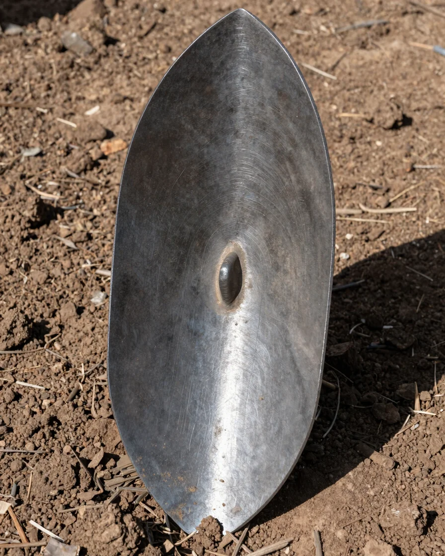 Close-up of a forged steel plough blade, sharp focus, direct natu