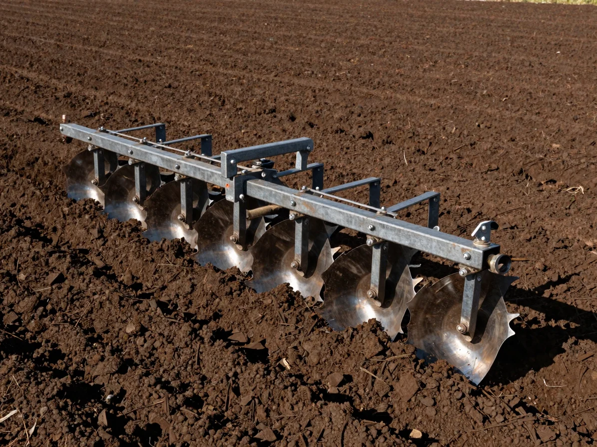 Wide shot of a heavy-duty plough tilling rich, dark soil under di