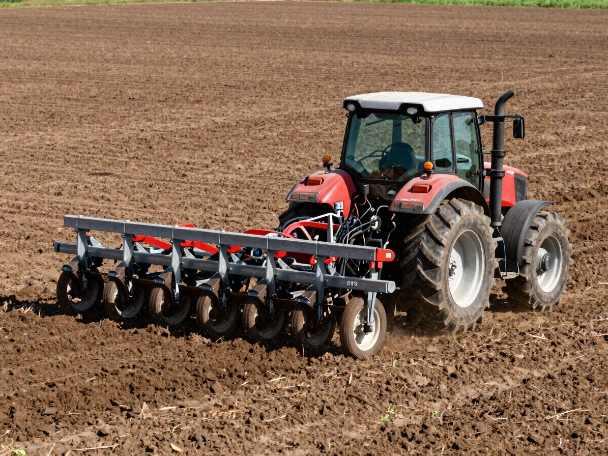 Tractor-hitched seeder in motion across a field, rows of newly pl