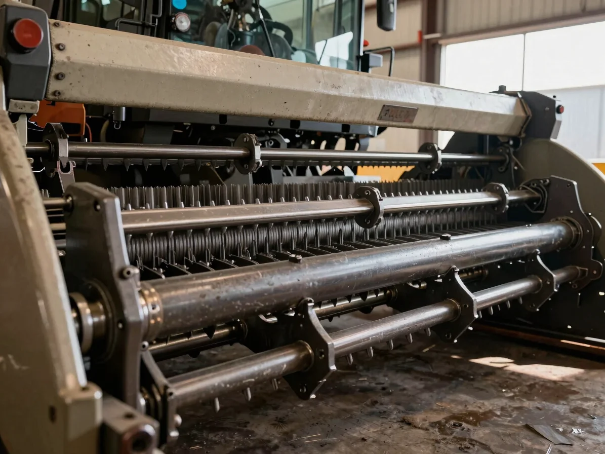 Close-up of a harvesting machine's threshing mechanism, showing c