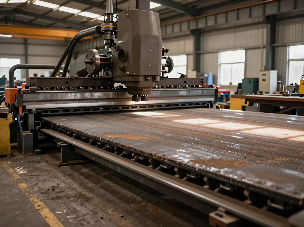 Industrial high-bay manufacturing shop floor with heavy steel plate cutting and specialized agricultural implement assem