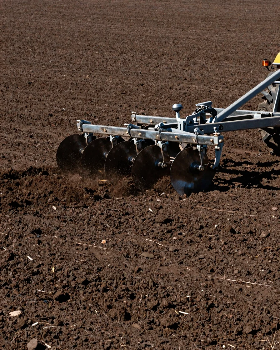 Wide panoramic shot of a heavy-duty plough actively turning rich